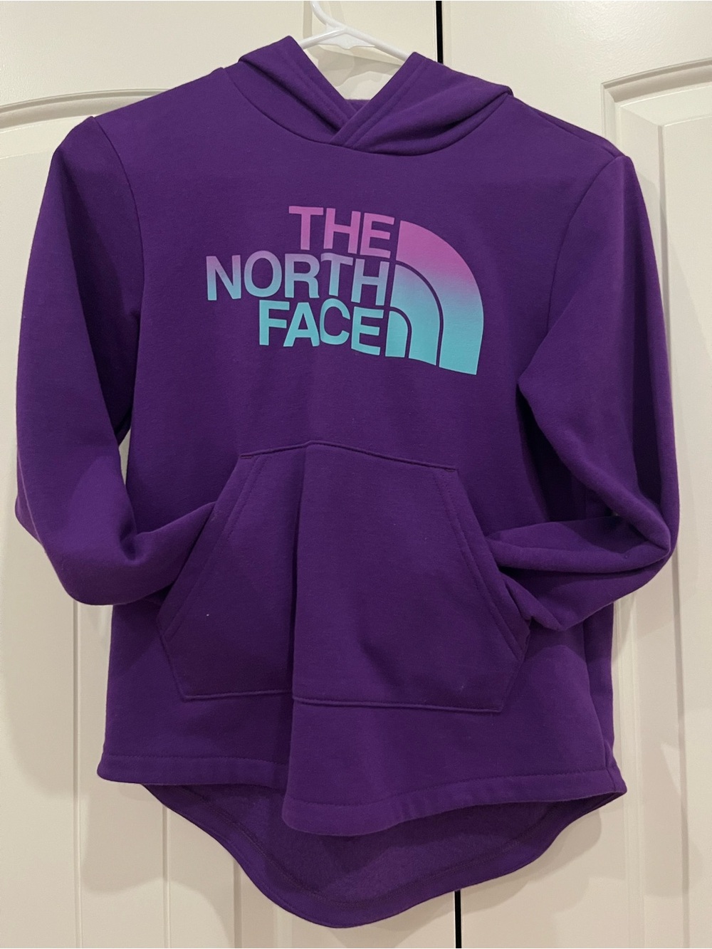 The North Face Girls' Purple Pullover Hoodie with Gradient Logo